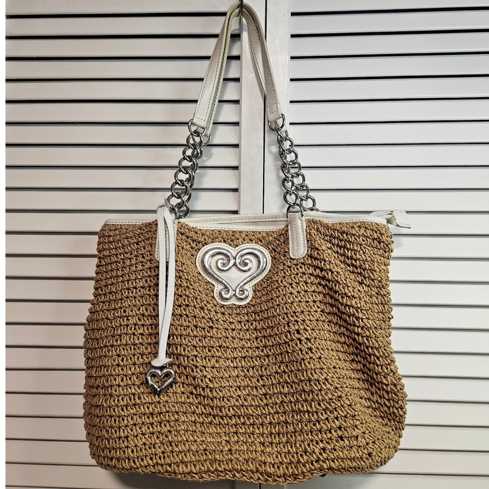Brighton Straw Tote Bag White Leather Trim Silver Heart Charm Tan Woven Shoulder